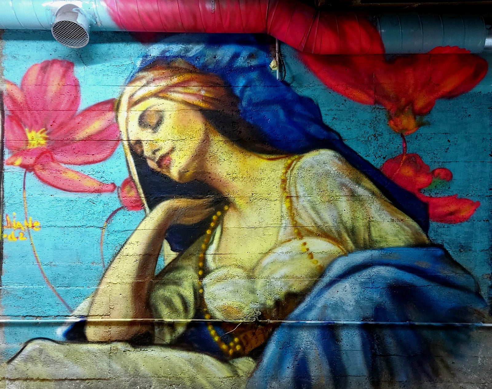 Fresque dormeuse aux fleurs rouges